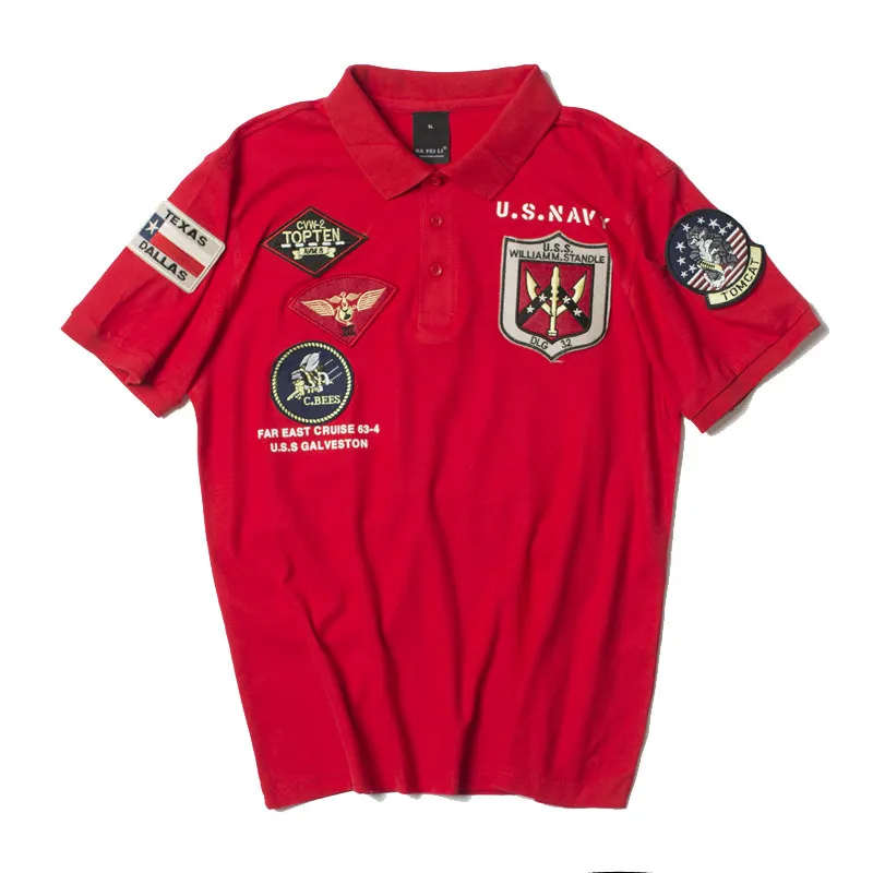 2019ss, Ретро стиль, США, ВМС, топ, пистолет, рубашка поло, Мужская одежда, брендовая, летняя, вышивка, короткий рукав, военный, ВВС, один топ, пистолет, армейский - Цвет: Красный
