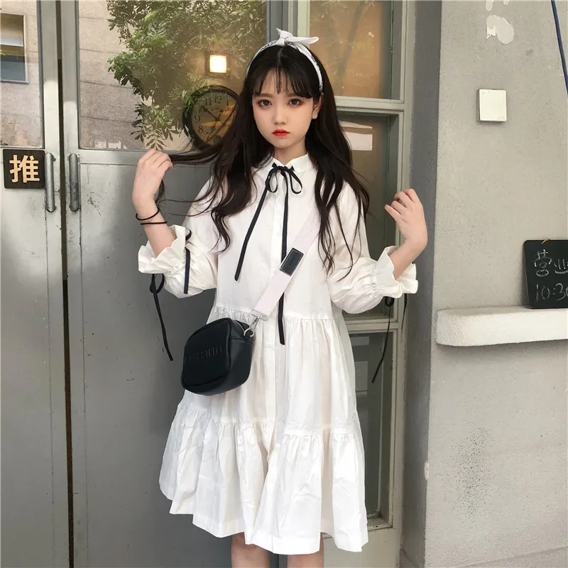 Осеннее японское женское белое платье Harajuku хлопковое Бандажное Повседневное в