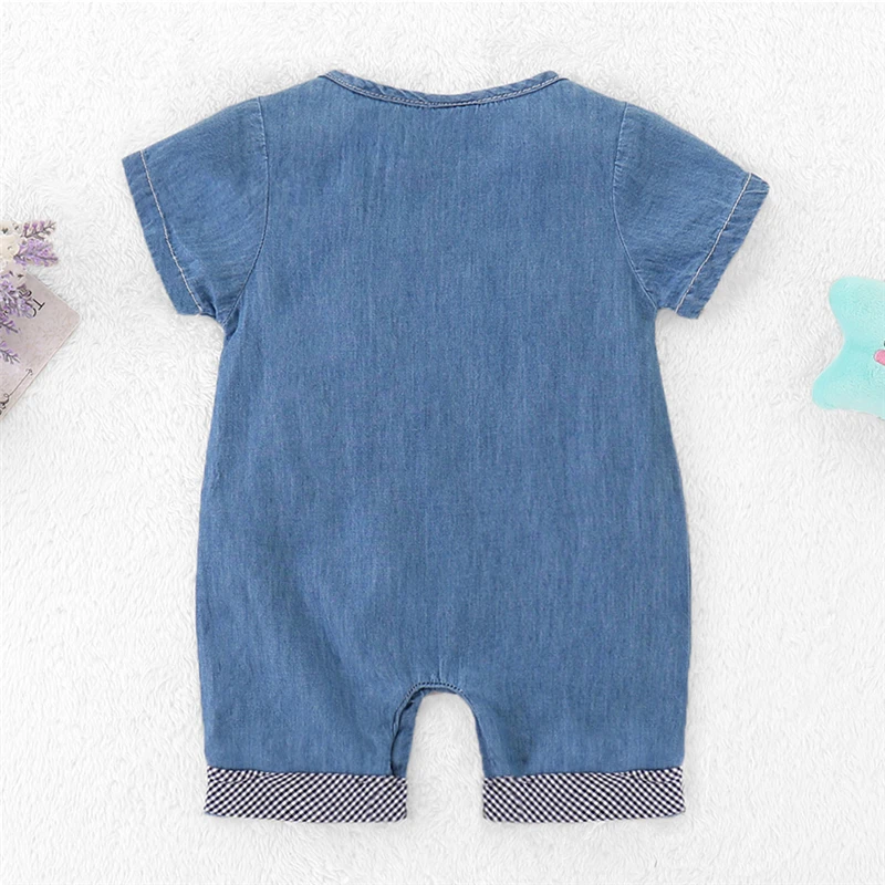 2019 Summer Short Sleeve Round Neck Blue Pocket Denim Jumpsuit Outfits Clothes Playsuit Toddler Newborn Kids Baby Boy Romper |