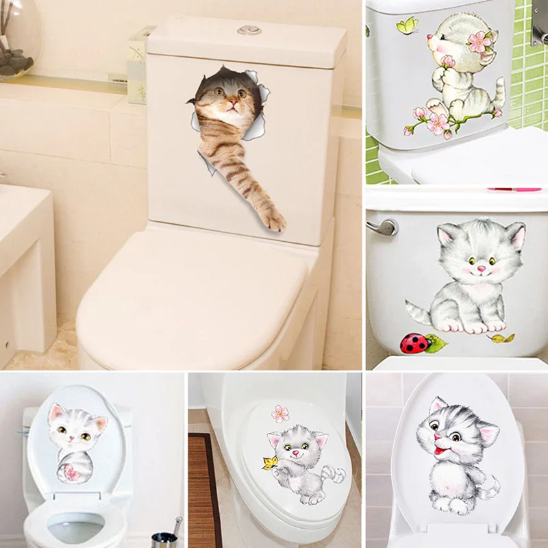 

Funny Cat Toilet Stickers For Wc Washroom Decoration Diy Cartoon Kitten Animal 3d Hole Wall Mural Arts Pvc Home Decals