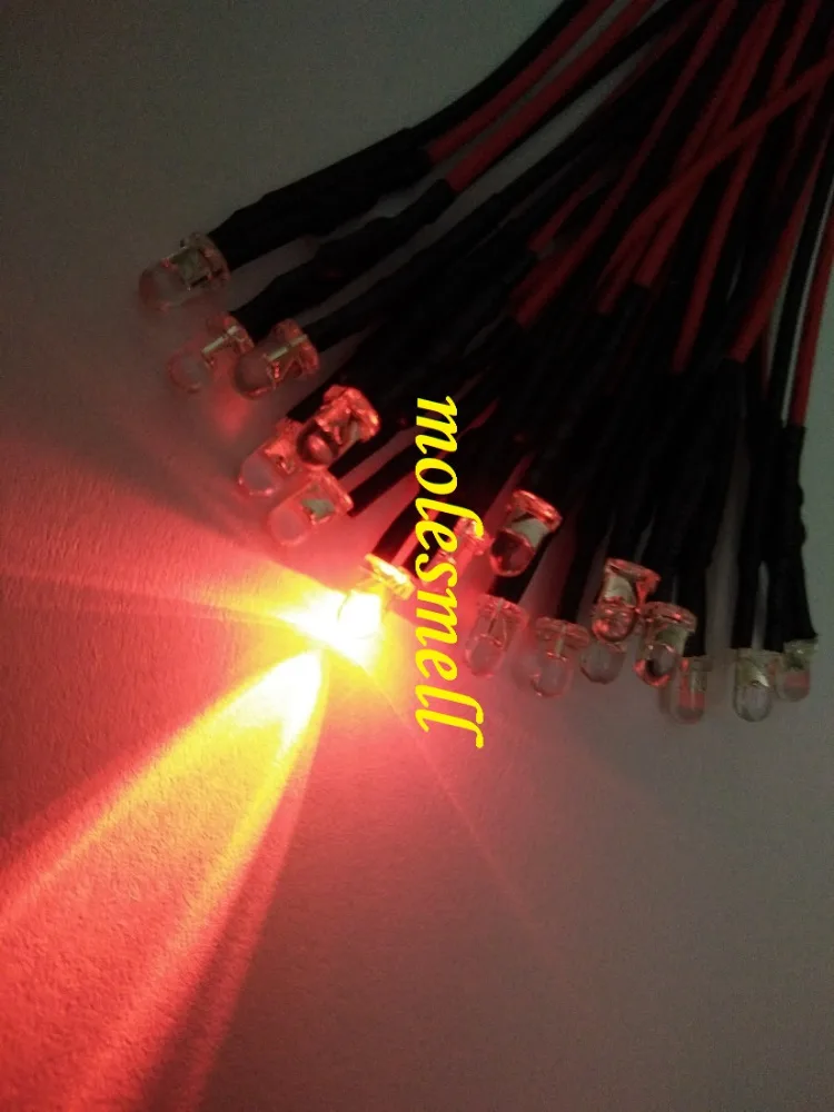 1000pcs 3mm 24v Red water clear round LED Lamp Light Set Pre-Wired 3mm red 24v DC Wired