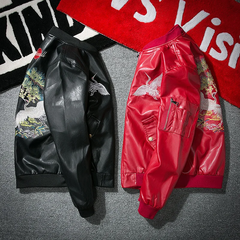 MANVALUE European and American High Street Tide Crane Embroidery Men's Autumn Air Force Pilot Suits PU Leather Jackets