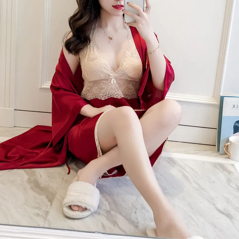 Шелковые халаты для женщин сексуальный халат комплекты с халатами и ночное