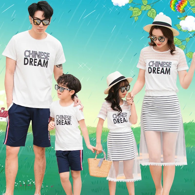 New Korean Mother and Daughter's Striped Lace Skirt 2019 Parents Children's Summer Family Matching Clothes Dad Son T Shirt | Мать и