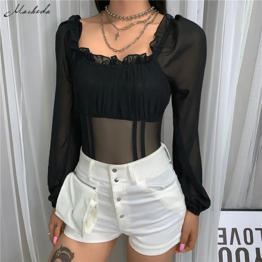 Macheda/черные пикантные прозрачные сетчатые боди Женская осенняя одежда с оборками