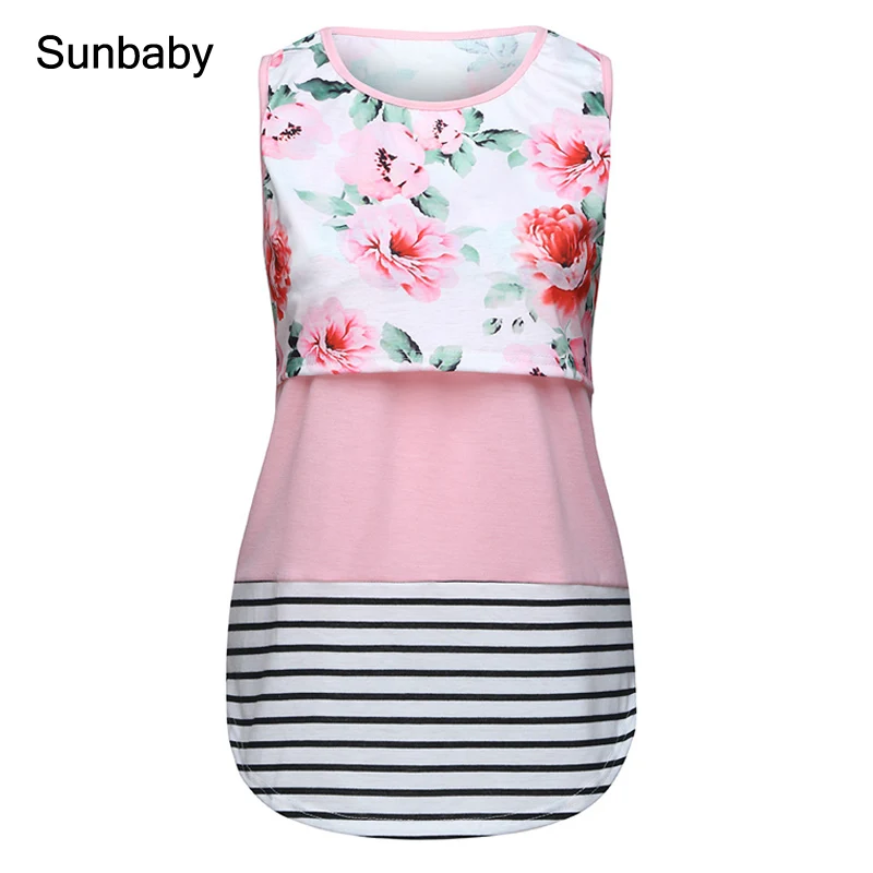 

Sunbaby maternity clothes Floral print stitching stripe maternity dress breastfeeding T-shirt T0404
