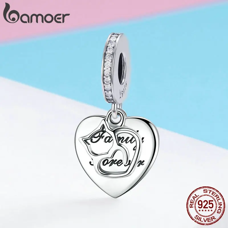 BAMOER, серебро 925 пробы, подвеска в форме сердца в форме животного, любовь к кошке, очаровательные браслеты, ювелирные изделия из стерлингового серебра SCC865
