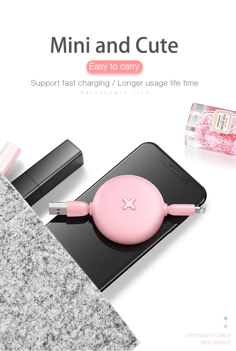 Выдвижной usb-кабель CAFELE для iphone X, XS, MAX, XR, 8, 7, 6 Plus, милый мини-кабель, ультра-светильник, портативный usb-кабель для зарядки и передачи данных
