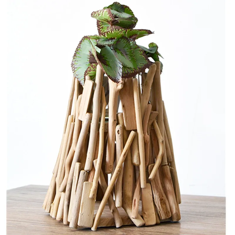 

Countryside Handwork Solid Wood Geometry With LED Light Vase Fashion Living Room Flower Arrangement Art Decorations x2072