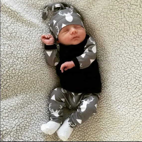 Осень 2019 Одежда для новорожденных мальчиков и девочек футболка + штаны шапка 3