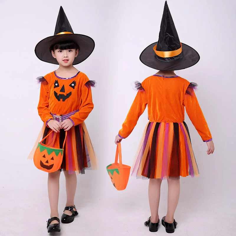 Girl witch Cosplay costume Party children kids girls Halloween party dress pumpkin | Тематическая одежда и униформа