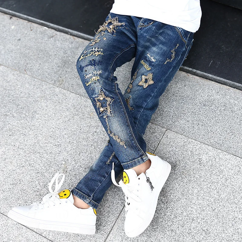Обтягивающие джинсы для девочек-подростков с отделкой бисером штаны