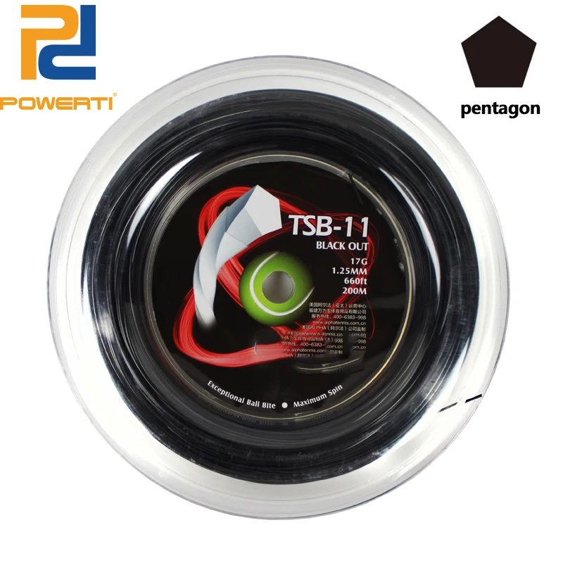 Powerti 1.25mm Black Twist Pentagon Polyester Tennis String 200m Reel Durable Training Tennis String TSB-11