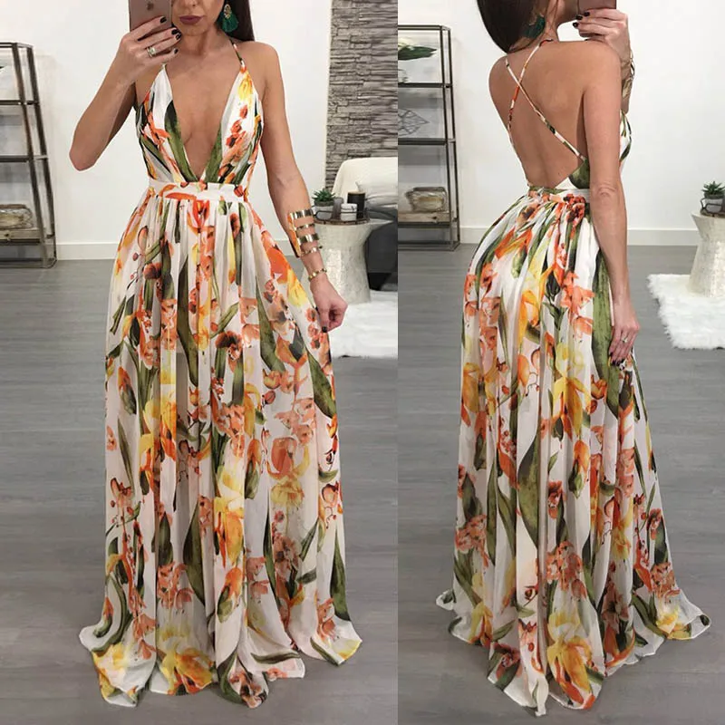 Женское длинное платье макси с цветочным принтом летнее пляжное в стиле бохо