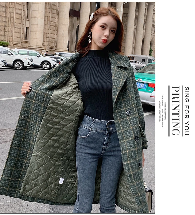 Zoki Loose Plaid Women Long Wool Blend Coat Fashion Winter Warm Jacket Elegant Double Breasted Autumn Fleece Outwear Plus Size