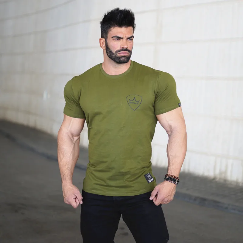 army green Мужская Спортивная хлопковая футболка для бега, фитнес тренировка бодибилдинг, короткий рукав, мужские повседневные футболки, топы, одежда - Цвет: army green