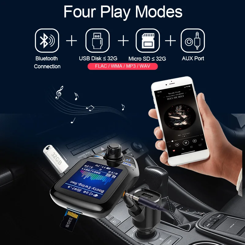 Цветной большой экран 1,8 дюймов Автомобильный mp3 U диск/TF карта музыкальный плеер Bluetooth приемник fm-передатчик QC3.0 Быстрая зарядка для автомобиля