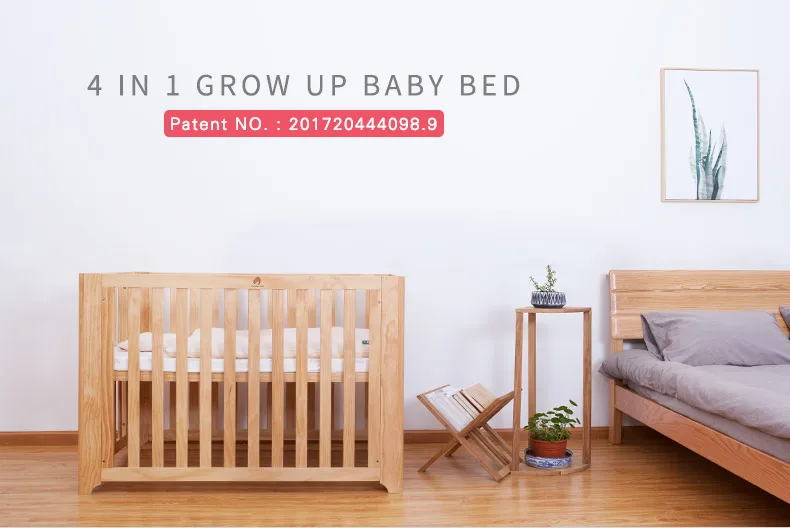 Младенческой кроватки 4 в 1 GROW UP безопасности Детская кровать Стандартный и регулируемые младенческой Твердые деревянные кроватки с колеса кровать сбоку кровать