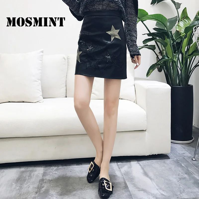 MOSMINT Shiny Stars Embroidery PU Leather Skirt Women 2017 Autumn Retro Vintage High Waist A-line Short Mini with Lining |