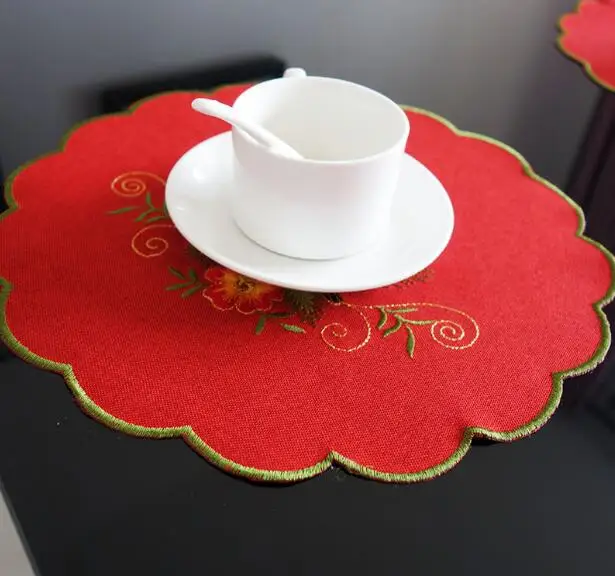 Luxury Round linen embroidery table place mat pad cloth cup mug holder tea doily drink coaster Christmas placemat dining kitchen