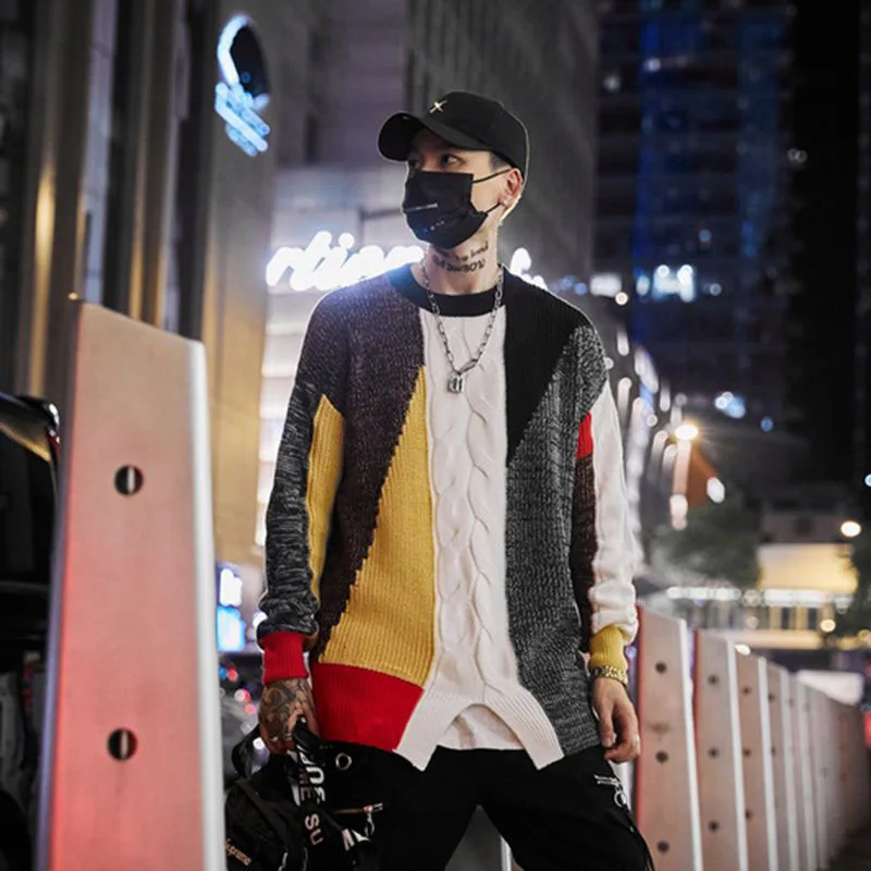 Мужской свитер и пуловер в стиле хип-хоп вязаный уличная одежда цветной блок