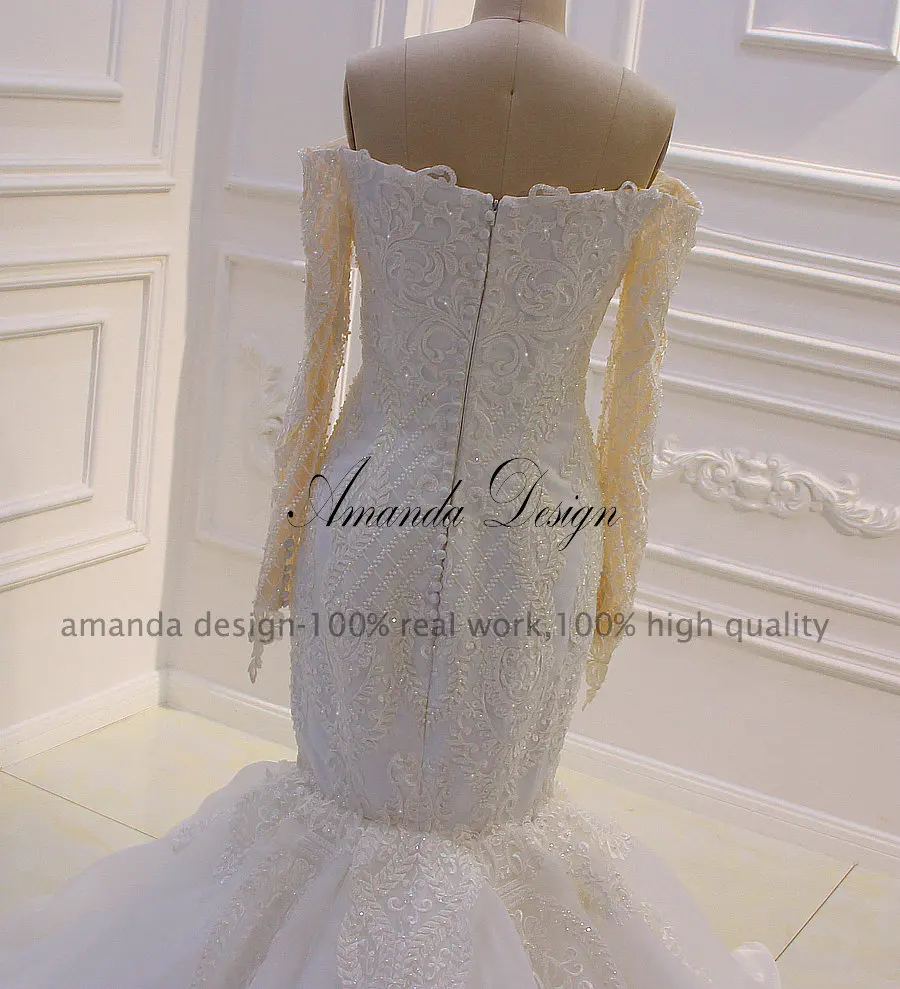 Аманда дизайн Vestido De Novias с открытыми плечами длинным рукавом Кружева аппликации Русалка свадебное платье