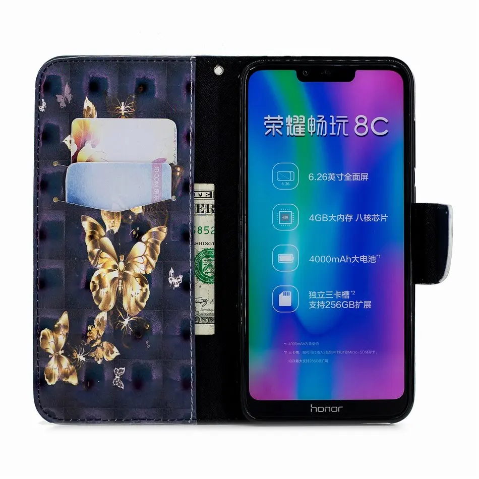Чехлы с подставкой, кожаный чехол для huawei mate 10 20 Lite P10 P20 Pro Nova 3i P Smart Honor 8C Y5 Y6 Y7, слот для карт, бабочка D07Z