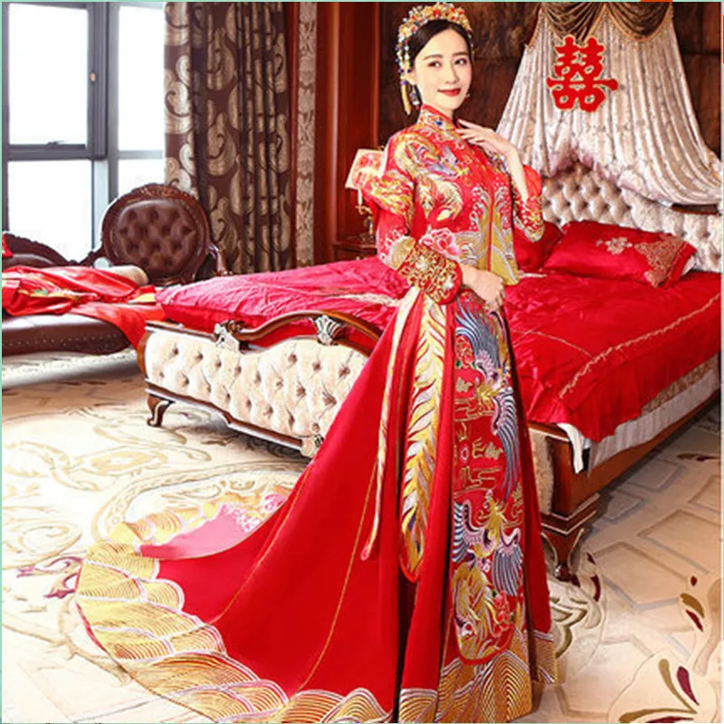 Женское свадебное платье Qipao красное кимоно с вышивкой Феникса и красными