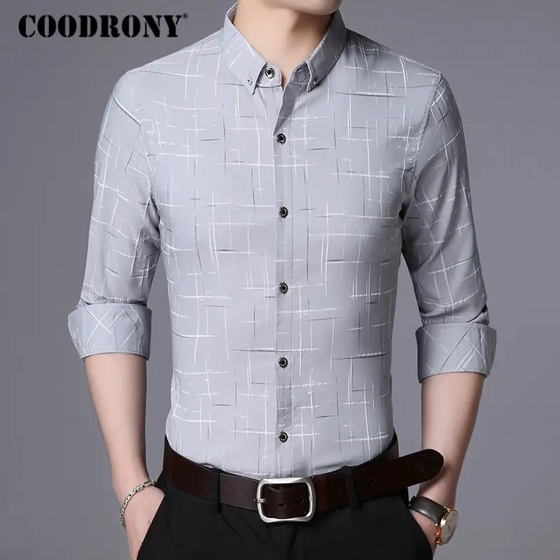 COODRONY, мужская рубашка, мужские деловые повседневные рубашки, Мужская брендовая одежда, Новое поступление, хлопковая клетчатая рубашка с длинным рукавом, Camisa Masculina 8725 - Цвет: Серый