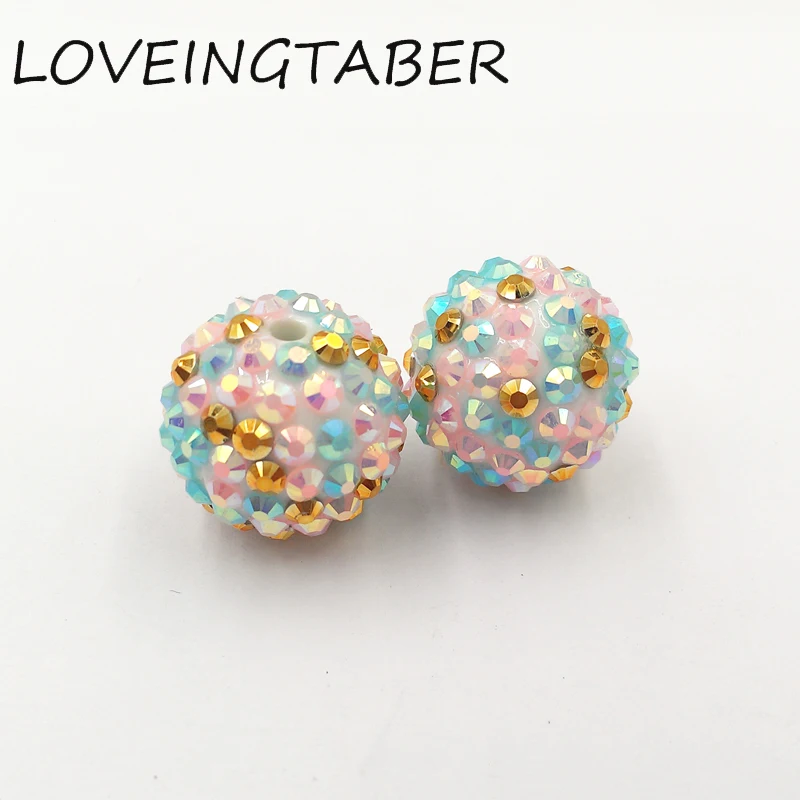 Newest ! 20mm 100pcs/lot Light Pink/Light Blue/Gold Mixed Resin Rhinestone Beads Chunky For Kids Jewelry Making | Украшения и