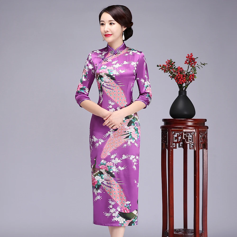 Винтажное тонкое женское длинное китайское традиционное платье с воротником