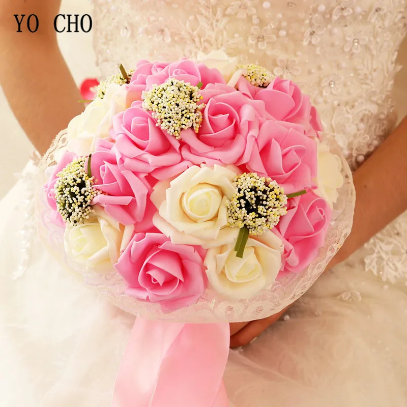 YO CHO Bridal Wedding Bouquet Bridesmaid Artificial PE Rose Flower Fake Pearl Pink Bouquet Wedding Supplies Festival Decorations
