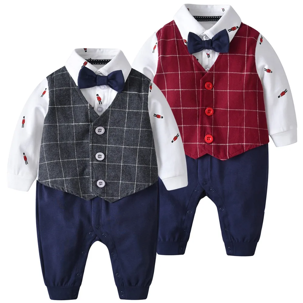 Baby Gentleman Romper with Bow Tie Bebe Long Sleeve Newborn Infant Jumpsuits 2019 New Boy Cotton Clothes Babe Clothing ETHY-8096 |
