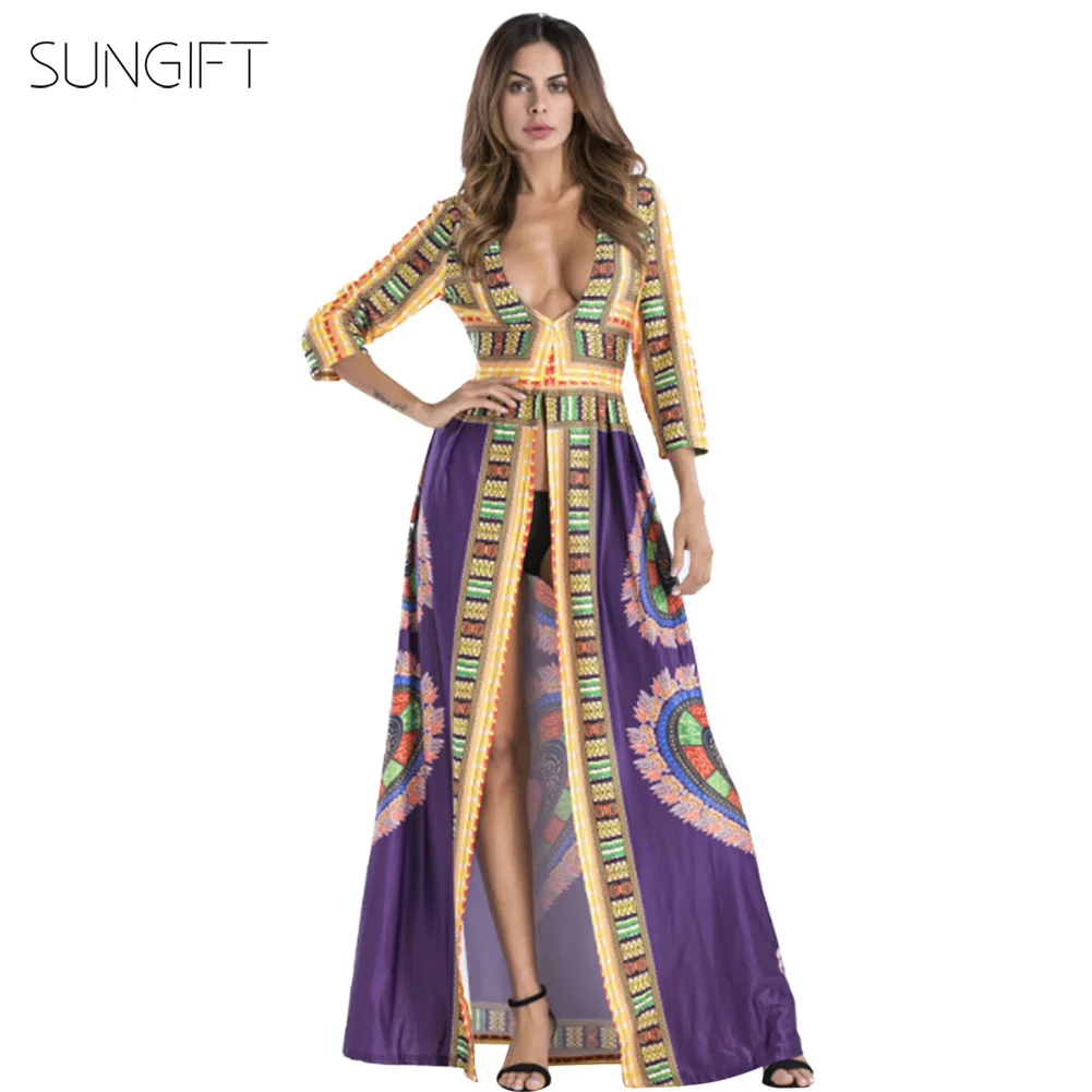 SUNGIFT Африканское стильное платье для женщин Дашики женские сексуальные глубокий v-образный вырез с высоким разрезом Африканские Этнические длинные макси платья клубная одежда