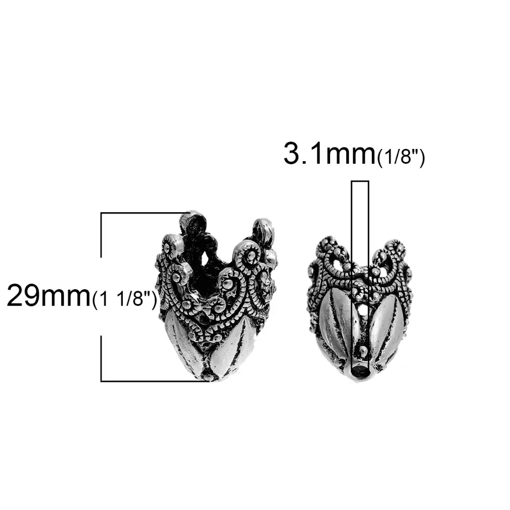 DoreenBeads бусины из сплава цинка колпачки цветок античное серебро(подходит для бисера Размер: 14 мм диаметр.) 29 мм(1 1/") x 19 мм(6/8"), 2 шт