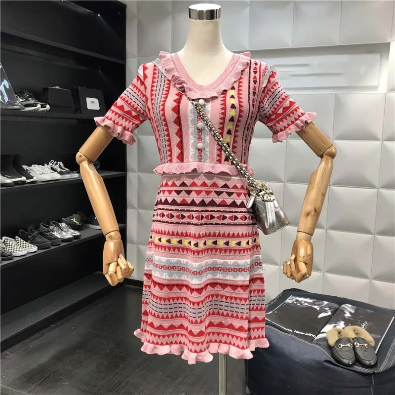 Short sleeve pink Летний женский свитер в богемном стиле платье уличная Розовая Трикотажная одежда с короткими рукавами летнее узкое жаккардовое платье-свитер - Цвет: Short sleeve pink