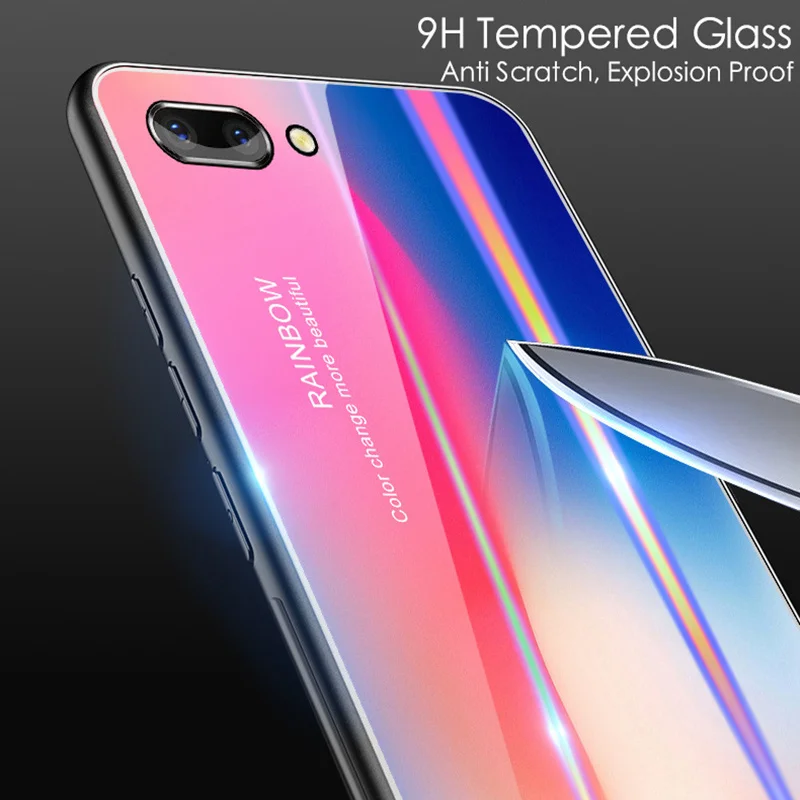 Gradient Color Phone Case For Honor 10 V10 Play Tempered Glass Back Cover Rainbow colorful Shell |
