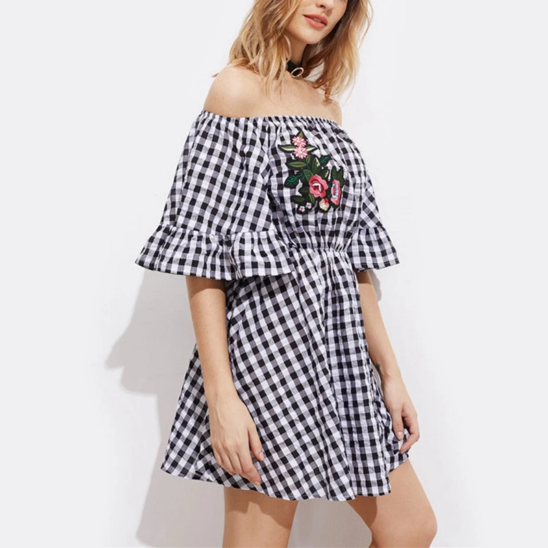 2017 Cold Shoulder Slash Neck Black White Plaid Dress Flower Print Flare Sleeve Mini Girl Party Dresses Vestidos |