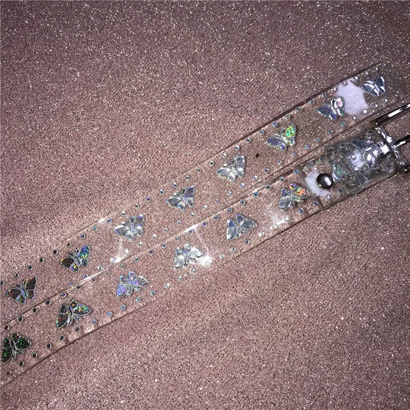 

2019 New Fashion Butterfly Buckle Transparent Pink Black Punch Belt Waist Belt Eyelet Clear Sexy Costumes Women hologram belts