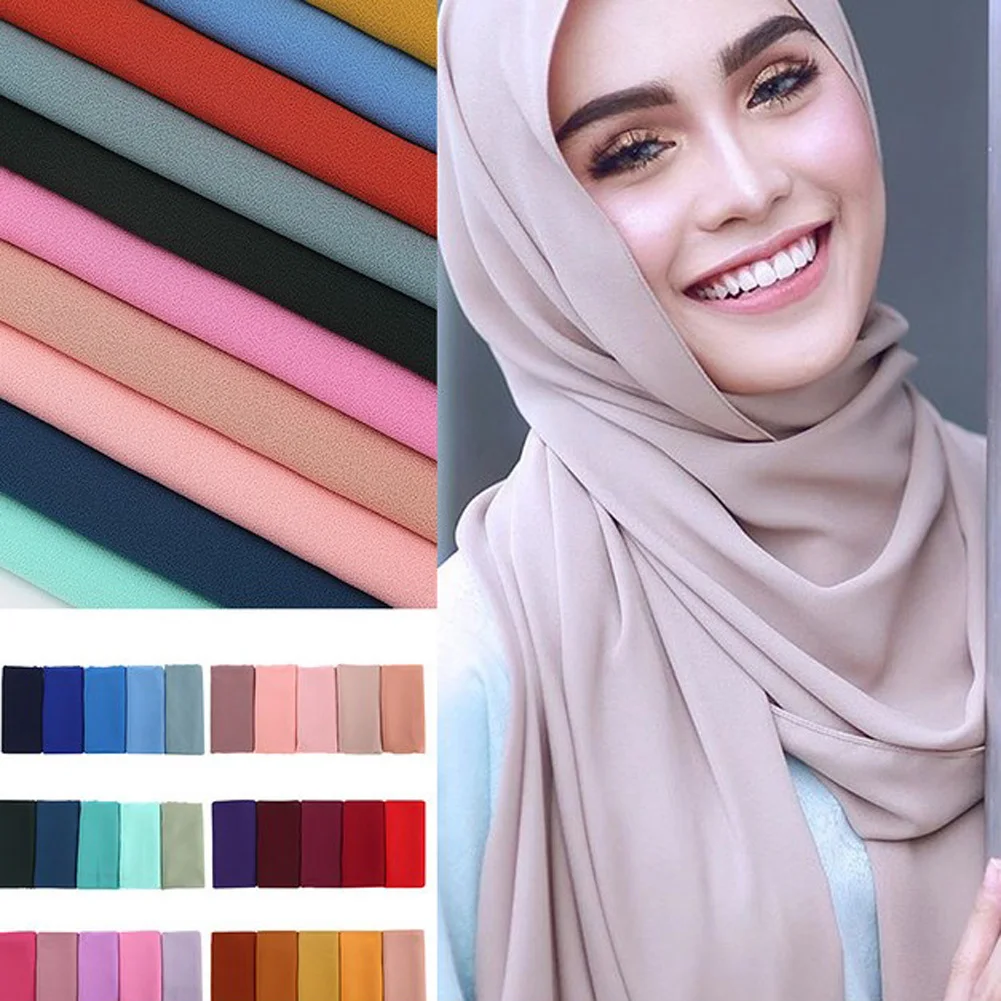 

Женский однотонный шифоновый шарф, хиджаб, повязка на голову, одноцветные шали, мусульманские хиджабы, шарфы высокого качества