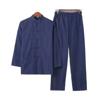 2pc mens solid kung fu suit chinese traditional male 100 cotton loose wu shu tai chi sets jacketlong pants
