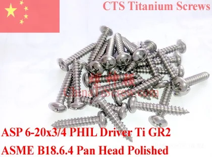 

Titanium screws 6-20x3/4 Pan Head Phillips Driver Self Tapping 50 pcs Ti GR2