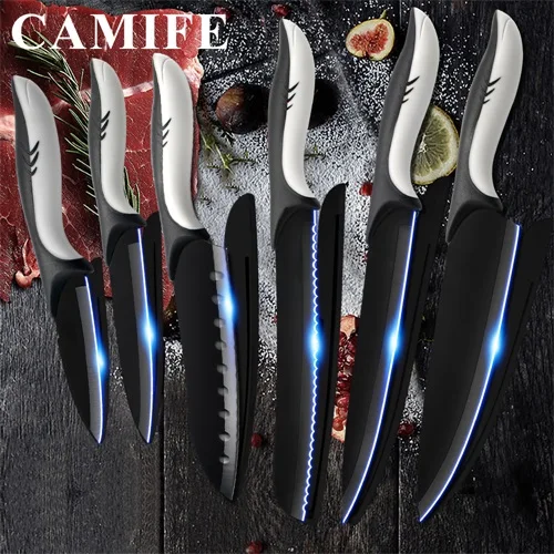 A.6 pcs set Кухонные ножи, набор ножей из нержавеющей стали, аксессуары для столовых приборов, фруктовый нож Santoku, шеф-повара для нарезки хлеба, кухонные ножи, крышки - Цвет: A.6 pcs set