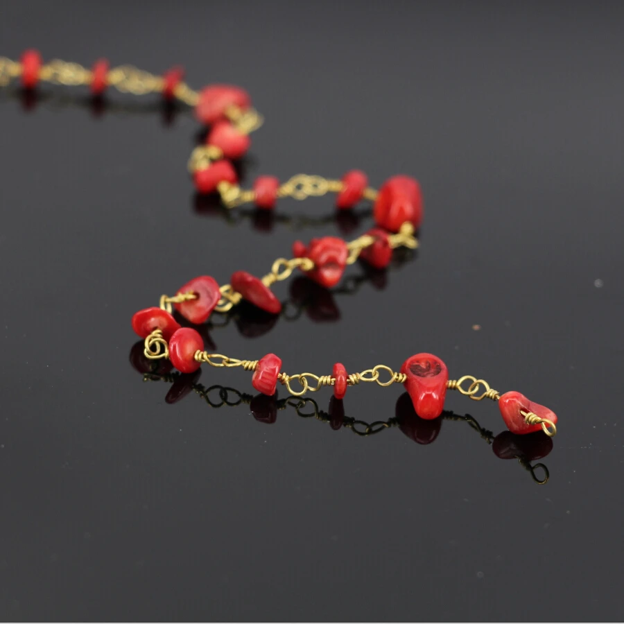 

5Meter, Red Coral Nugget Chip Beads Link Rosary Chain,Gold Plated Wire Wrapped Chains Necklace,fashion DIY Jewelry Findings