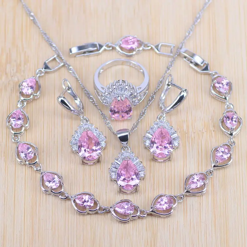 Four Piece Розовые ювелирные наборы, капли воды, кубический цирконий, CZ камень, 925 пробы, серебряные серьги, ожерелья, кольца, браслеты, набор - Окраска металла: Four Piece