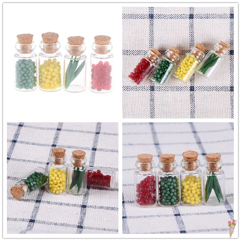 

4 PCS Doll Home Decor Miniature Food Cork Bottle For Doll House Clear Glass Resin Kitchen Food For Girl Birthday Gift