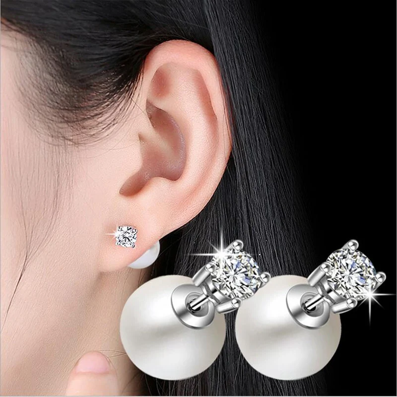

Zircon Big Simulated Double Sided Pearls Studs Earring For Women Fashion Fine Metal Geometry Star Removable Earring Jewelry