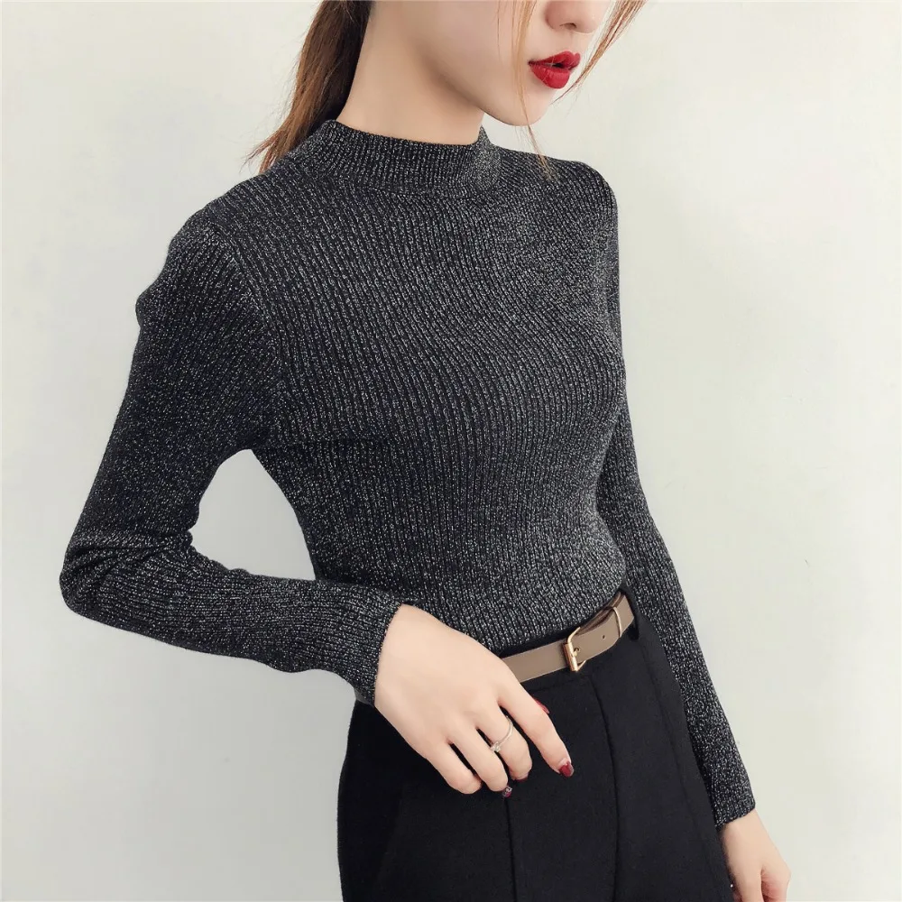 Gkfnmt Shiny Lurex Autumn Winter Sweater Women Long Sleeve Pullover Basic Sweaters 2018 Korean Style Knit Pink Tops Femme | Женская