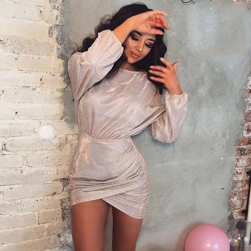 Ahagaga 2019 Зима Весна мини платье женское однотонное модное элегантная драпировка