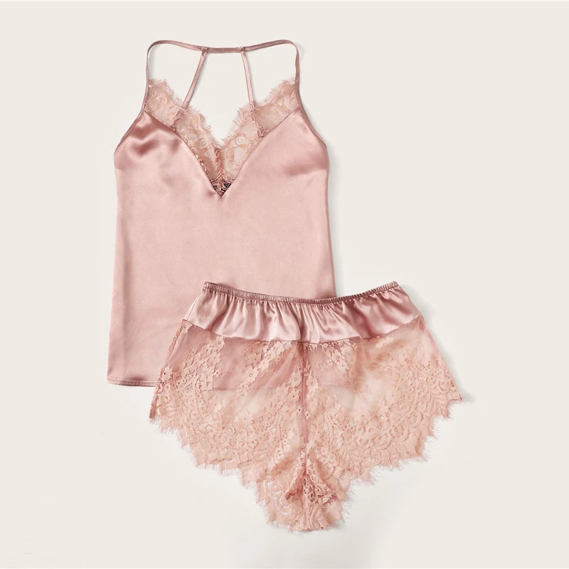 SHEIN Атласный Топ На Бретелях С Кружевом И Шорты Пижама Комплект Женский Розовый Летний Сексуальный Комплект Пижамы